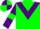Green body, purple chevron, purple arms, green armlets, green cap, purple quartered