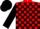 Red and black blocks, black sleeves, two white hoops, black cap