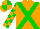 Orange, green cross sashes, green blocks on sleeves, orange and green quartered cap
