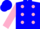Blue, pink dots, pink sleeves