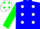 Blue body, white spots, green arms, white cap, green spots