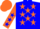 Blue, orange stars, orange sleeves, blue stars, orange cap