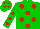 Green body, red spots, green arms, red spots, green cap, red stars