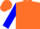Orange, orange maple leaf on blue shamrock, blue sleeves, orange cap