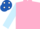 Pink, light blue sleeves, royal blue cap, white spots