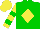 Green body, yellow diamond, yellow arms, green hooped, yellow cap