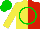 Yellow, green circle, green and red halved cap