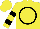 Yellow, black circle, black hoops on sleeves, yellow cap