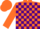 Orange, purple blocks, orange sleeves, orange cap