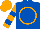 Royal Blue, orange circle, orange sleeves with royal blue hoops, orange cap
