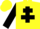 Yellow body, black cross of lorraine, black arms, yellow cap