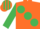 Orange, large emerald green spots and sleeves, striped cap