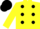 Neon yellow, black dots, black cap