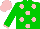 Green, pink dots, pink cuffs on sleeves,  pink cap