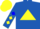 Royal blue, yellow triangle, yellow diamonds on sleeves, blue and yellow halved cap