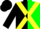 Black and green halves, yellow cross sashes, yellow bars on black sleeves