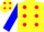 Yellow body, red spots, blue arms, yellow cap, red spots