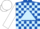 Royal blue, light blue triangle, light blue blocks on white sleeves, white cap