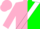 Pink and green diagonal halves, white sash, pink cap