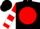 Black, white lightning bolt on red ball, red and white bars on sleeves, black cap