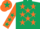 Dark green, orange stars, orange sleeves, dark green stars, orange cap, dark green star