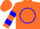 Orange, blue circle, blue hoops on sleeves