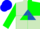 Light green, royal blue triangle, blue and green quartered sleeves, blue cap