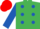 Emerald green, royal blue spots and sleeves, red cap