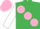 Emerald green, large pink spots, white sleeves, pink cap