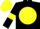Black body, yellow disc, black arms, yellow armlets, yellow cap, black checked