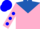 Pink, royal blue yoke and 'wt',blue dots on sleeves, blue cap
