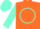 Orange, aqua circle and 'cl', aqua sleeves, two orange hoops, aqua cap