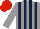 Grey and dark blue stripes, red cap
