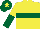 Yellow, dark green hoop, halved sleeves, dark green cap, yellow star