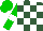 Hunter green, white blocks, green sleeves, white hoop, green cap