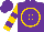 Purple, gold circle and 'c', gold sleeves, two purple hoops