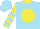 Sky blue, yellow collar, yellow spot, sky blue chevrons on yellow sleeves, sky blue cap