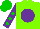 Neon green, purple ball, purple sleeves, green dots, green cap, purple ball