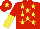 Red, yellow stars, red and yellow halved sleeves, red cap, yellow star