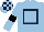 Light blue, dark blue hollow box, light blue sleeves, black armlets, light blue and dark blue check cap