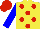 Yellow body, red spots, blue arms, red cap, yellow striped