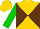 Gold and brown diagonal quarters, green sleeves, gold cap