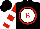Black, red circle with red 'b' on white ball, red and white bars on sleeves