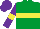 Emerald green, yellow hoop, purple sleeves, yellow armlets, purple cap