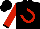Black, red horseshoe and 'jr' on back, black cuffs on red sleeves