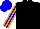 Black, orange stripes on blue sleeves, orange stripes on blue cap