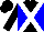 Black and blue diagonal quarters, white cross sashes, black sleeves