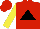 red, black triangle, yellow sleeves, red cap