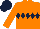 Fluorescent orange, dark blue diamond hoop, fluorescent orange sleeves, dark blue cap