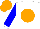 White, orange ball,  blue sleeves, white cuffs, orange cap